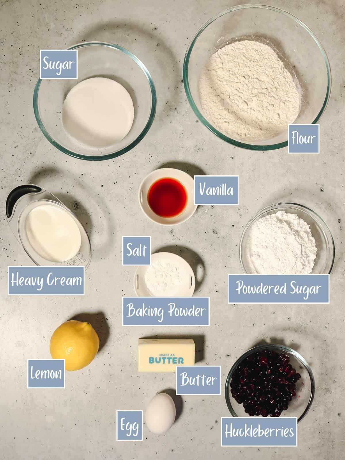 Labeled ingredients for huckleberry scones.