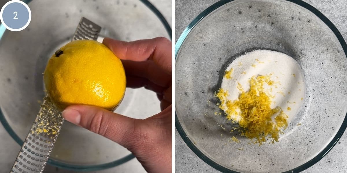 Zesting lemon into a bowl of sugar.