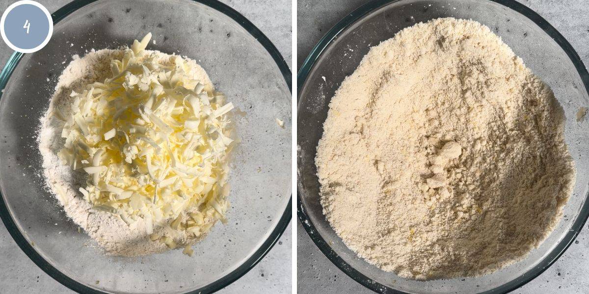 Adding the butter to a bowl with the dry ingredients.