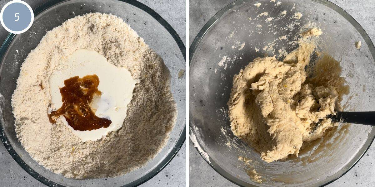 Adding wet ingredients for scones and mixing the dough together.