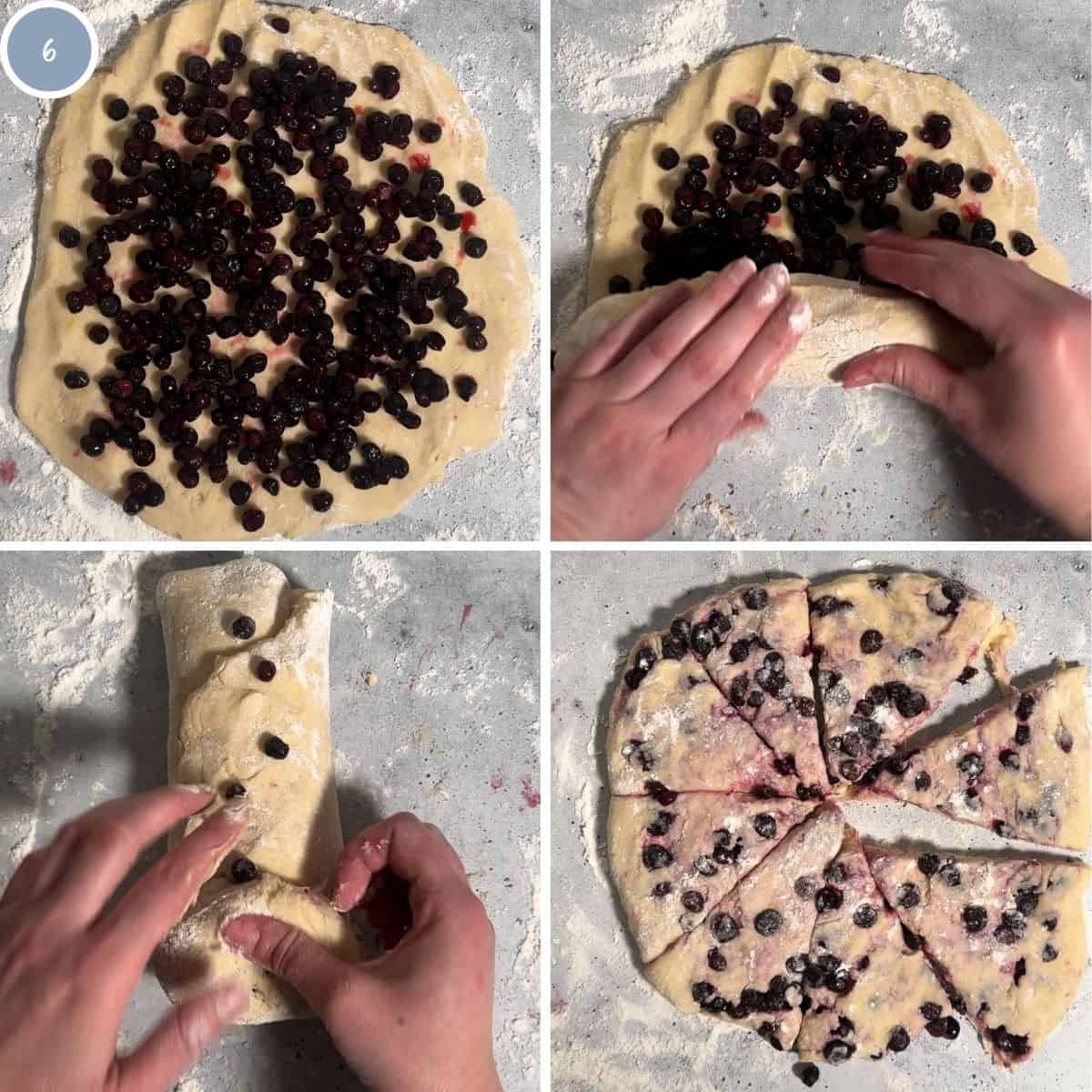 Shaping and cutting the scones into triangles.