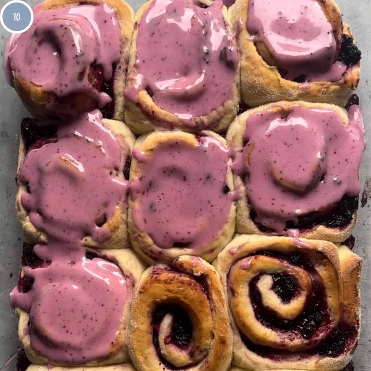 Huckleberry sweet rolls with huckleberry icing on them.