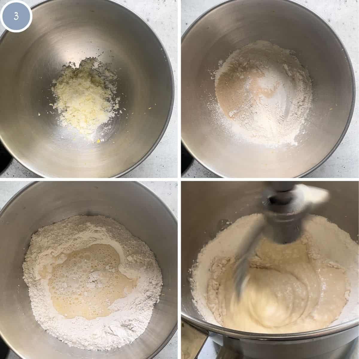 Mixing ingredients for dough in a stand mixer with a dough hook.