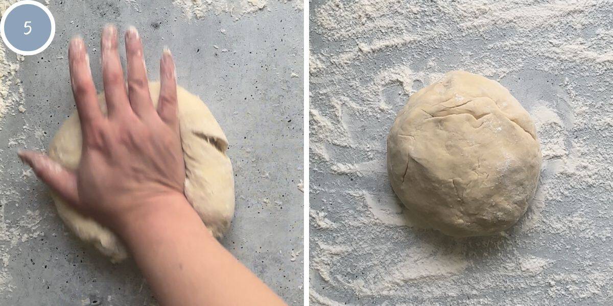 Kneading dough on a floured surface and then allowing to rest.