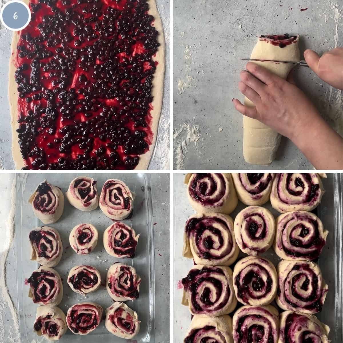 Adding the huckleberry filling to the rolls and placing them in a dish.