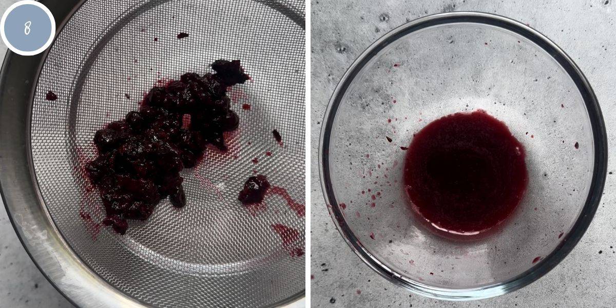 Running huckleberries through a fine mesh strainer to extract their juice.