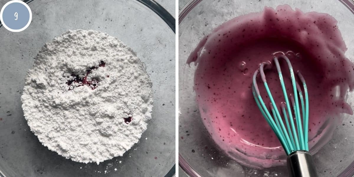 Mixing huckleberry juice, milk, and powdered sugar to make the icing for the rolls.