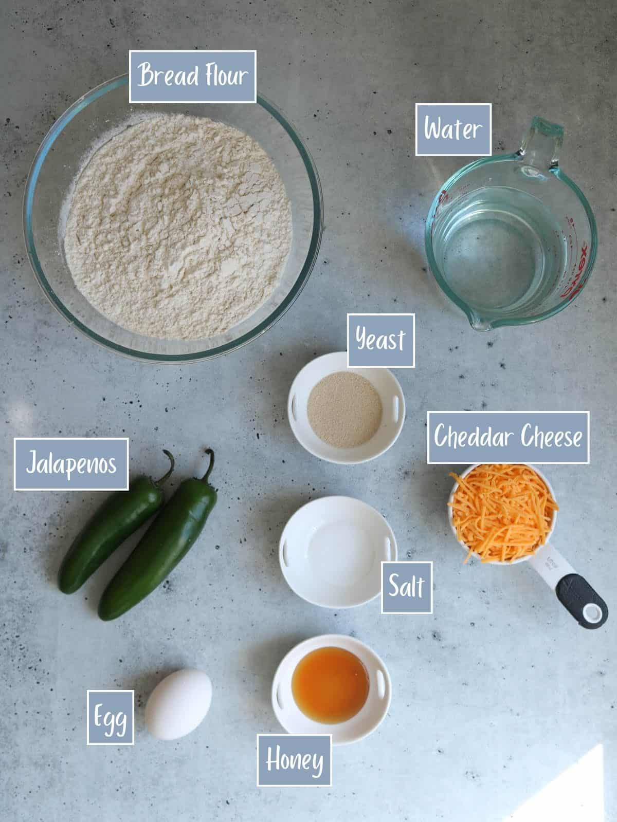 Labeled ingredients to make jalapeno cheddar bagels.