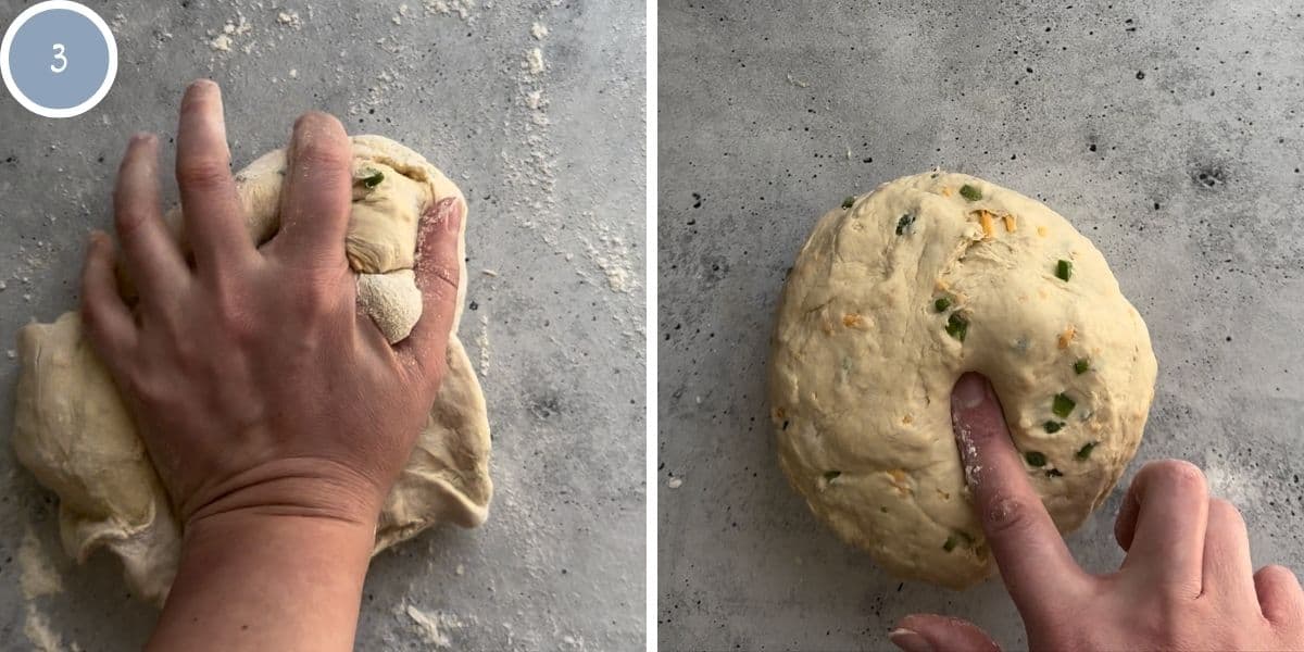 Kneading the dough on a lightly floured surface.