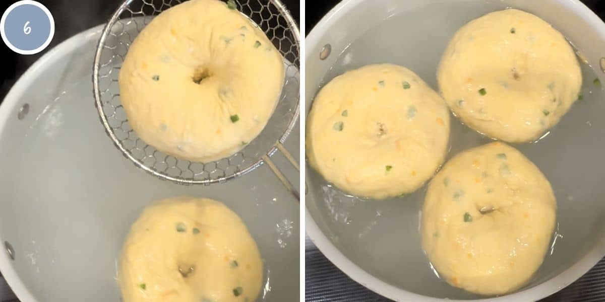 Boiling bagels in a water bath.