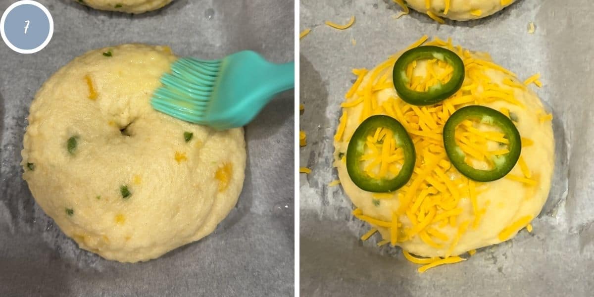 Brushing the bagels with egg wash and topping with cheese and jalapenos.