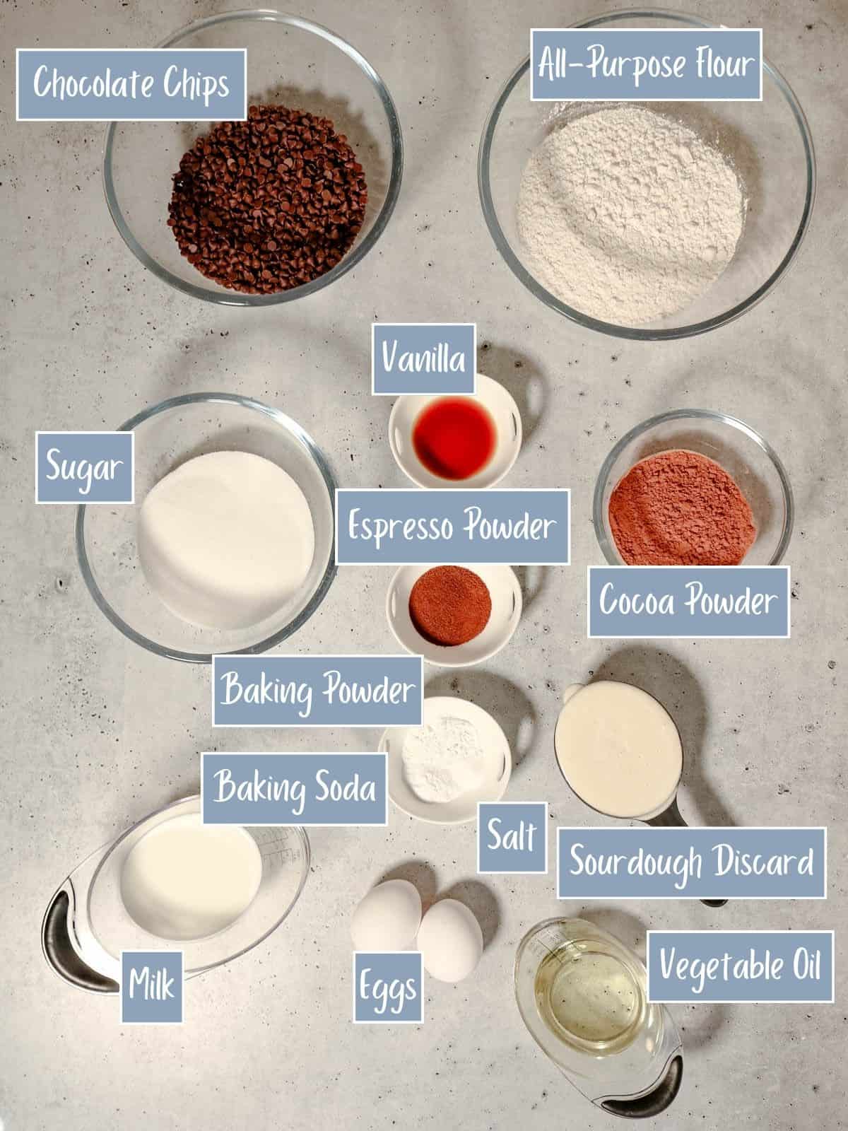 Labeled ingredients for sourdough chocolate muffins.