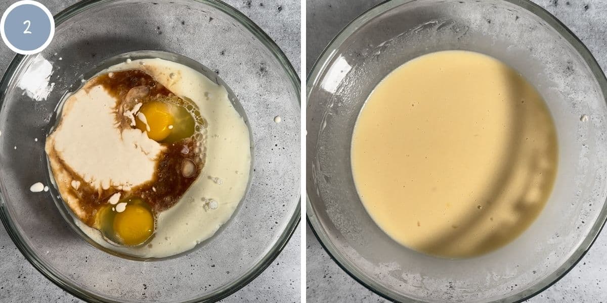 Wet ingredients before and after being mixed in a bowl.
