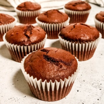 Side view of baked sourdough chocolate muffins.