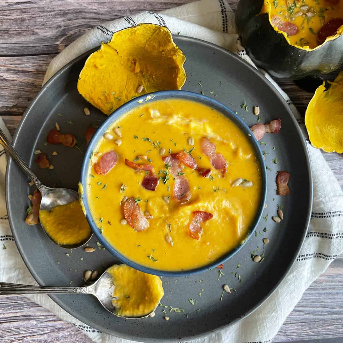 Overhead view of acorn squash soup.