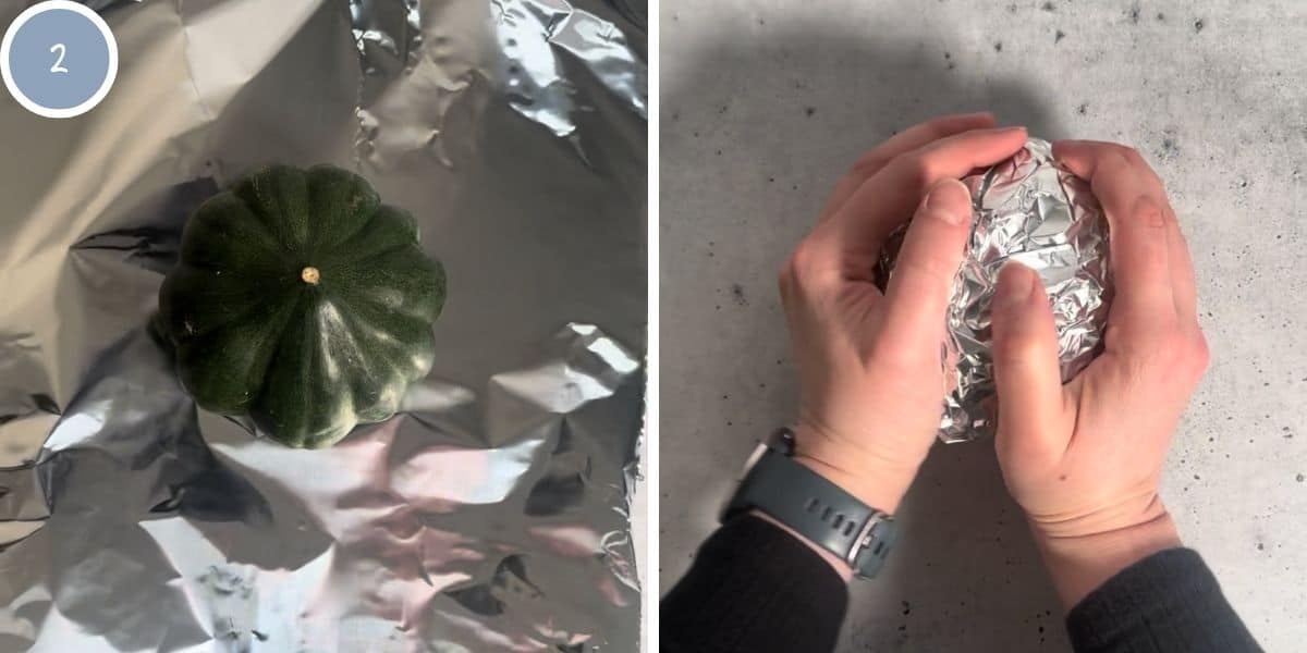 Wrapping acorn squash in foil before roasting it in the oven.