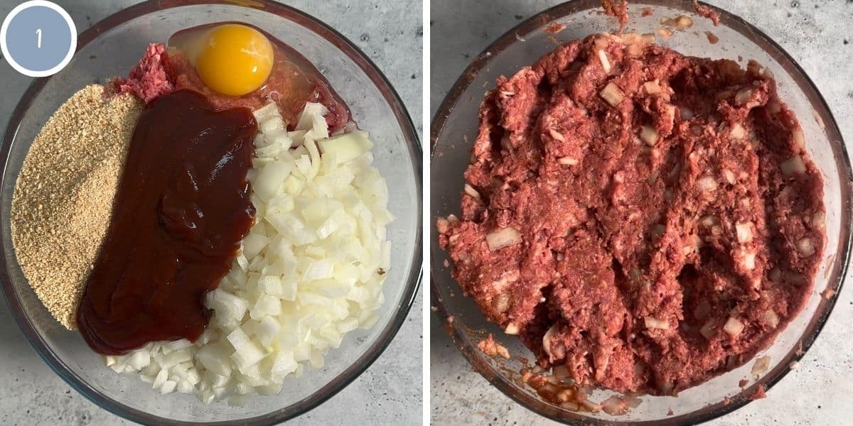 Ingredients for bison meatballs in a bowl before and after mixing.