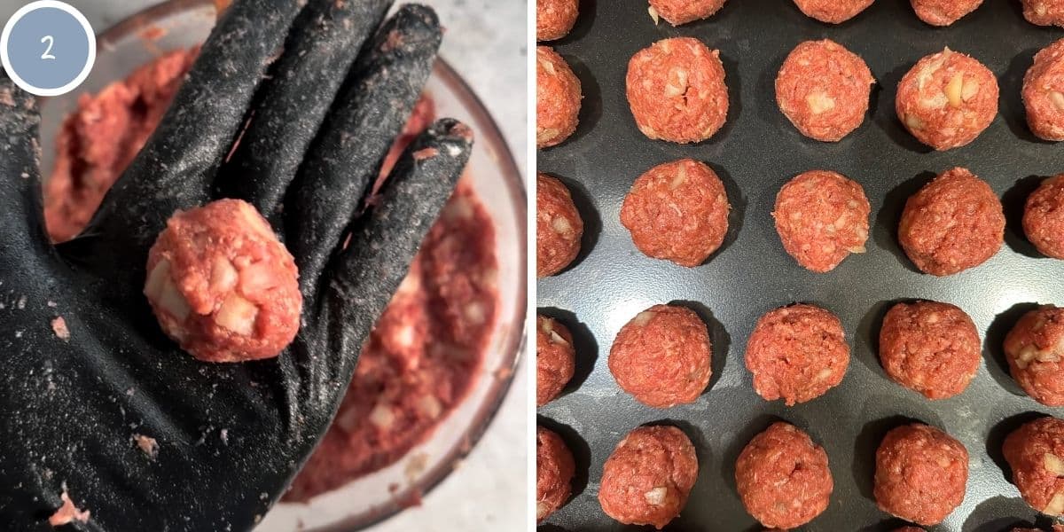 Rolling meatballs into a ball and placing on a baking sheet.