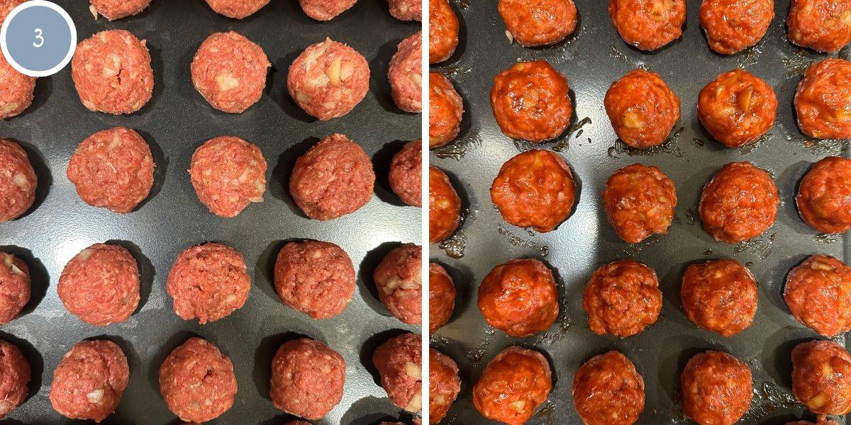 Placing meatballs on a baking sheet and brushing them with BBQ sauce.