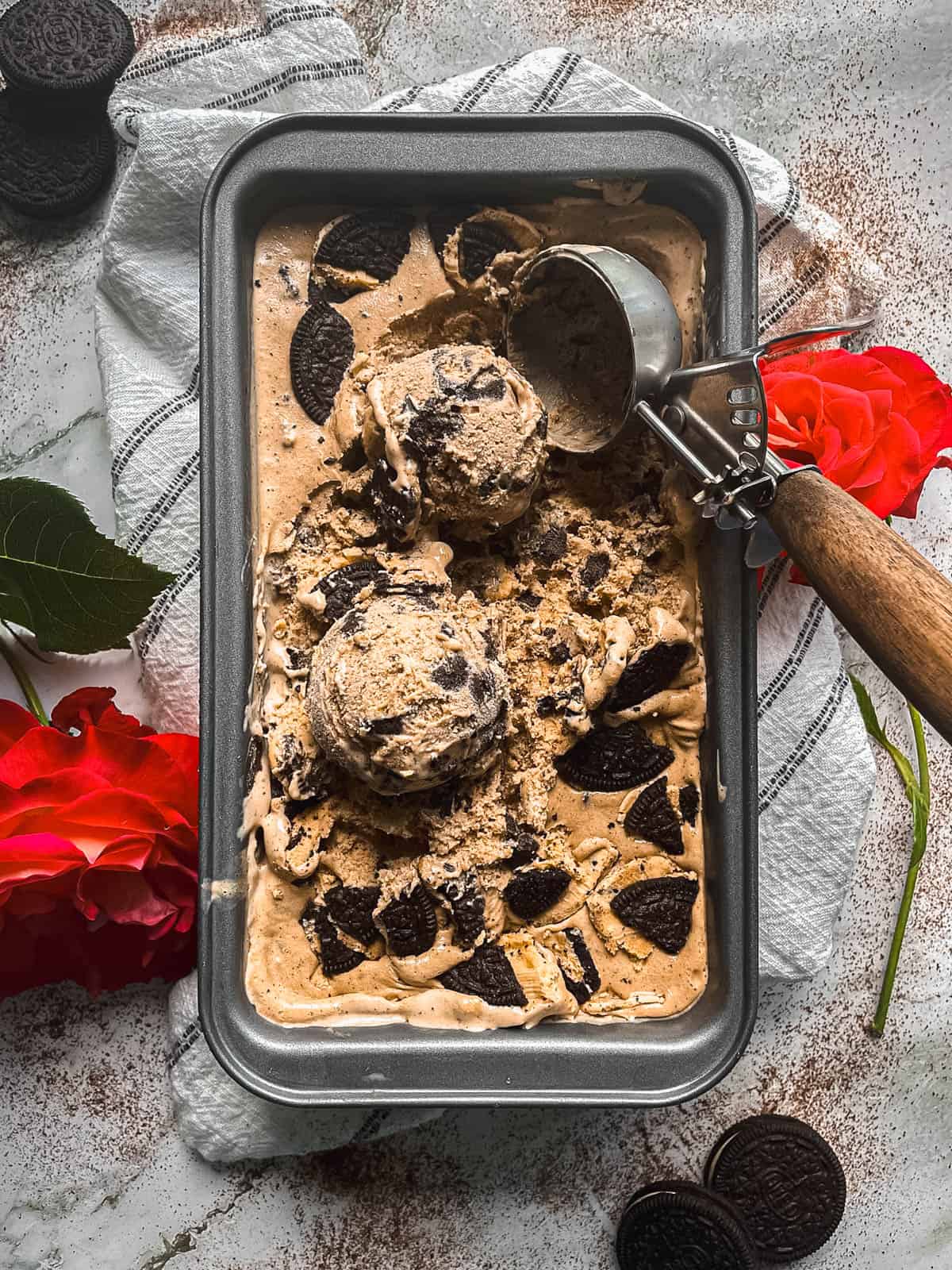 Overhead view of espresso ice cream with Kahlua in a pan.