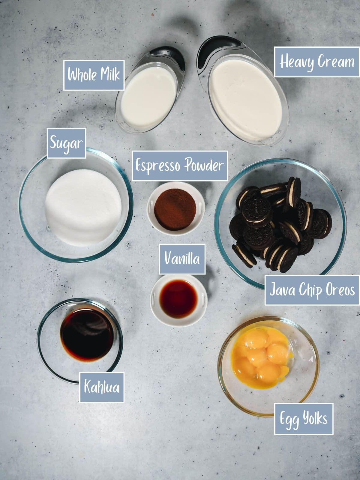 Labeled ingredients for espresso ice cream with kahlua.