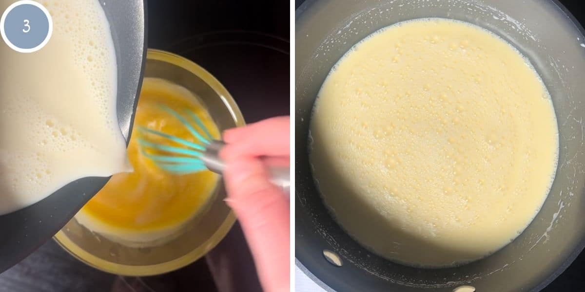 Whisking the yolks into the cream mixture to make ice cream.