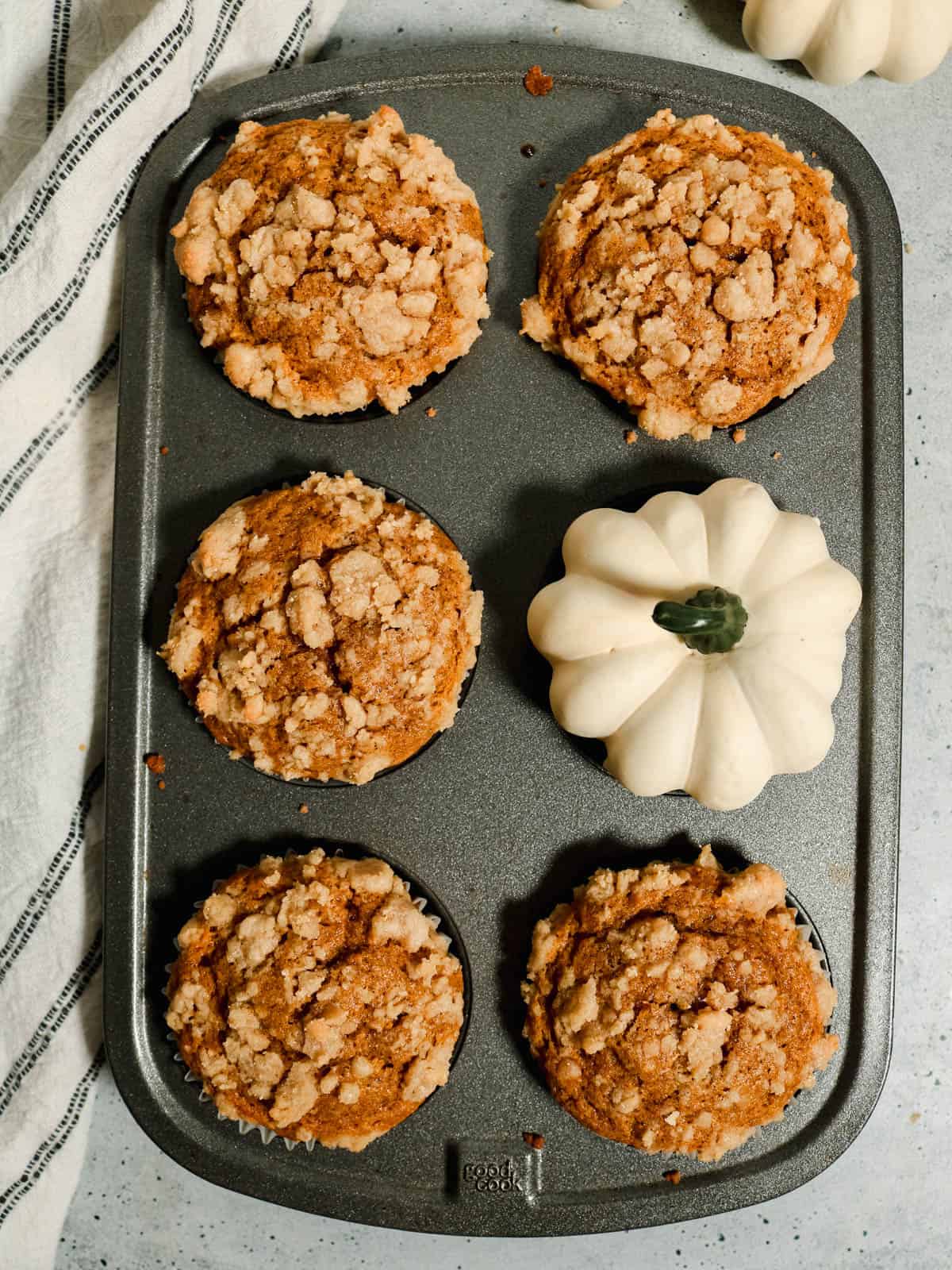 Overhead view of muffins in a muffin tin.