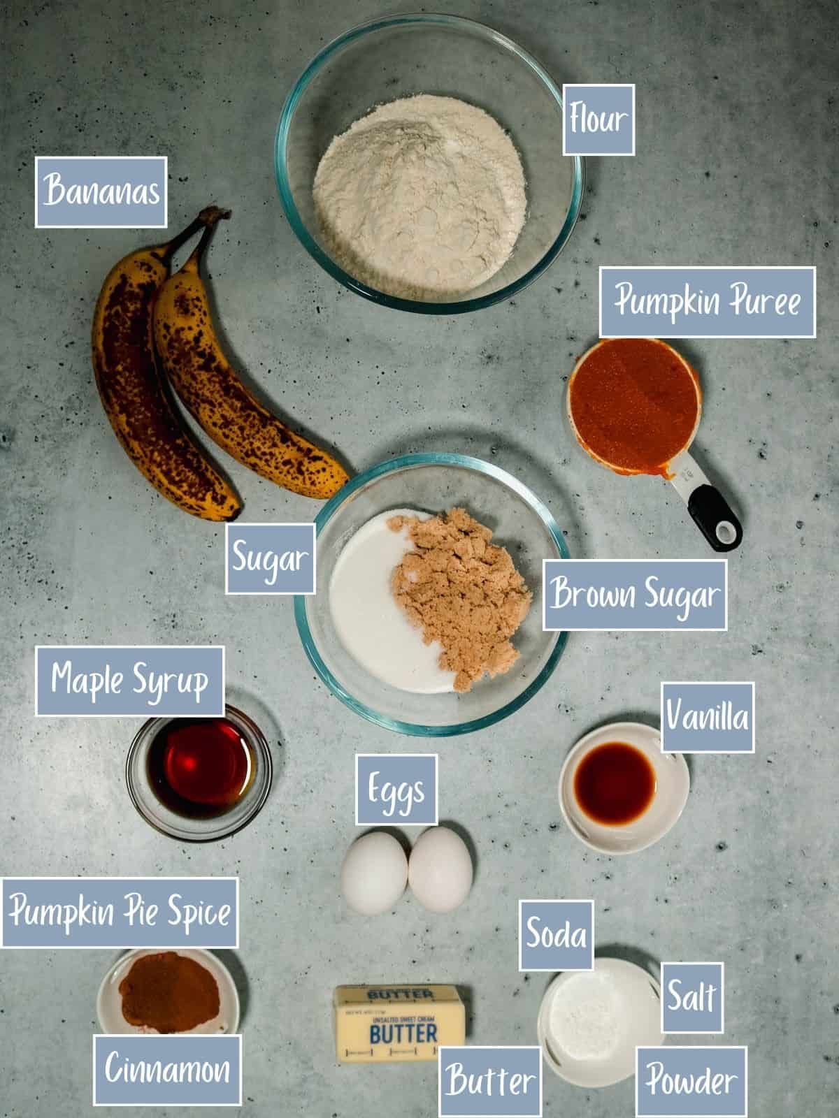 Labeled ingredients to make banana pumpkin muffins.