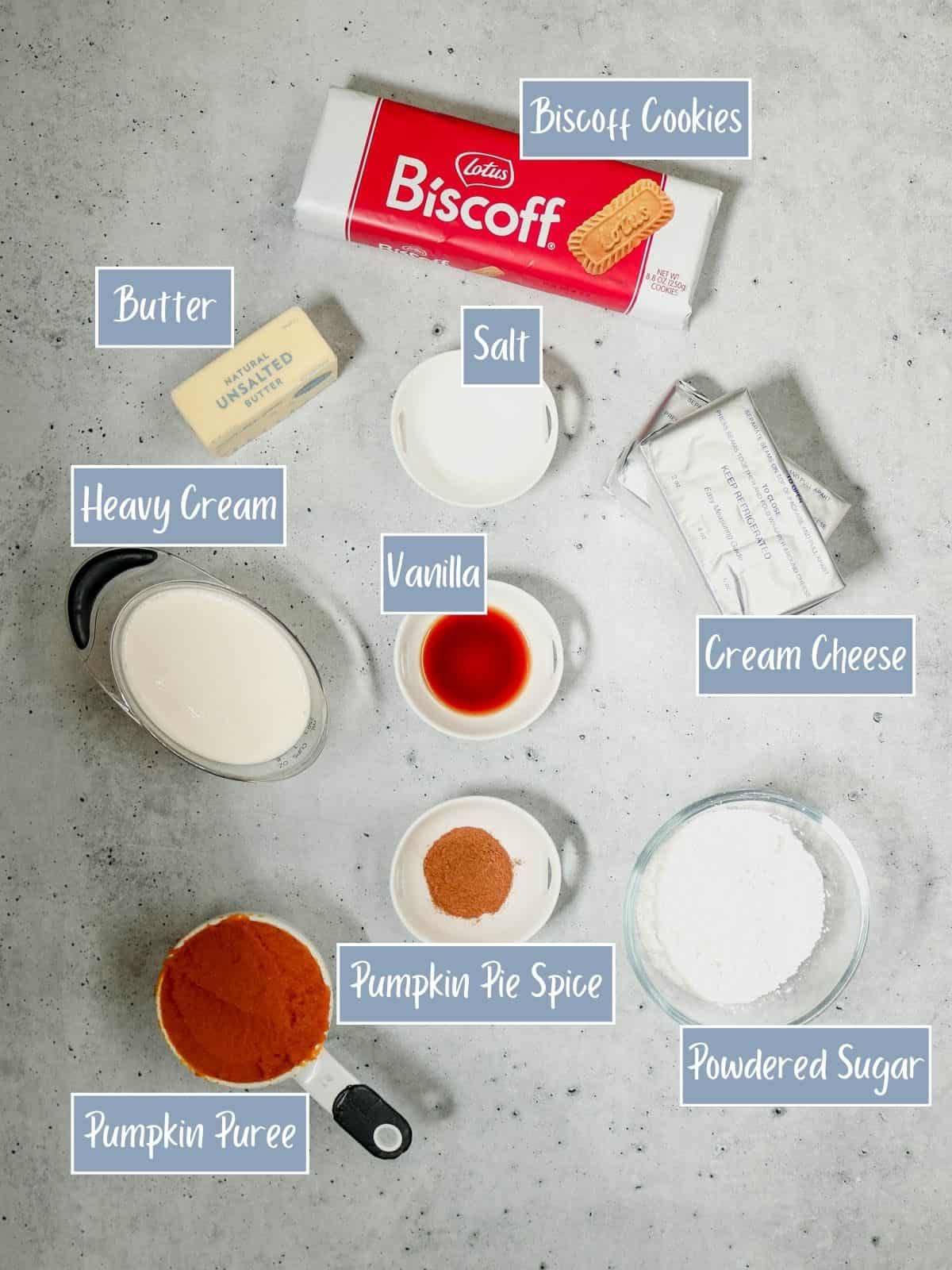 Labeled ingredients to make no bake pumpkin cheesecake bars with Biscoff crust.