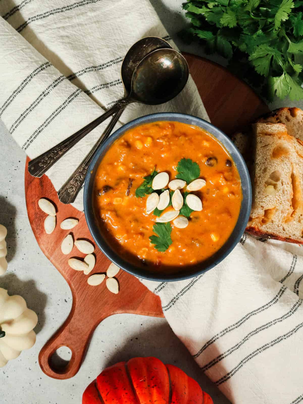 Overhead view of pumpkin chorizo soup.