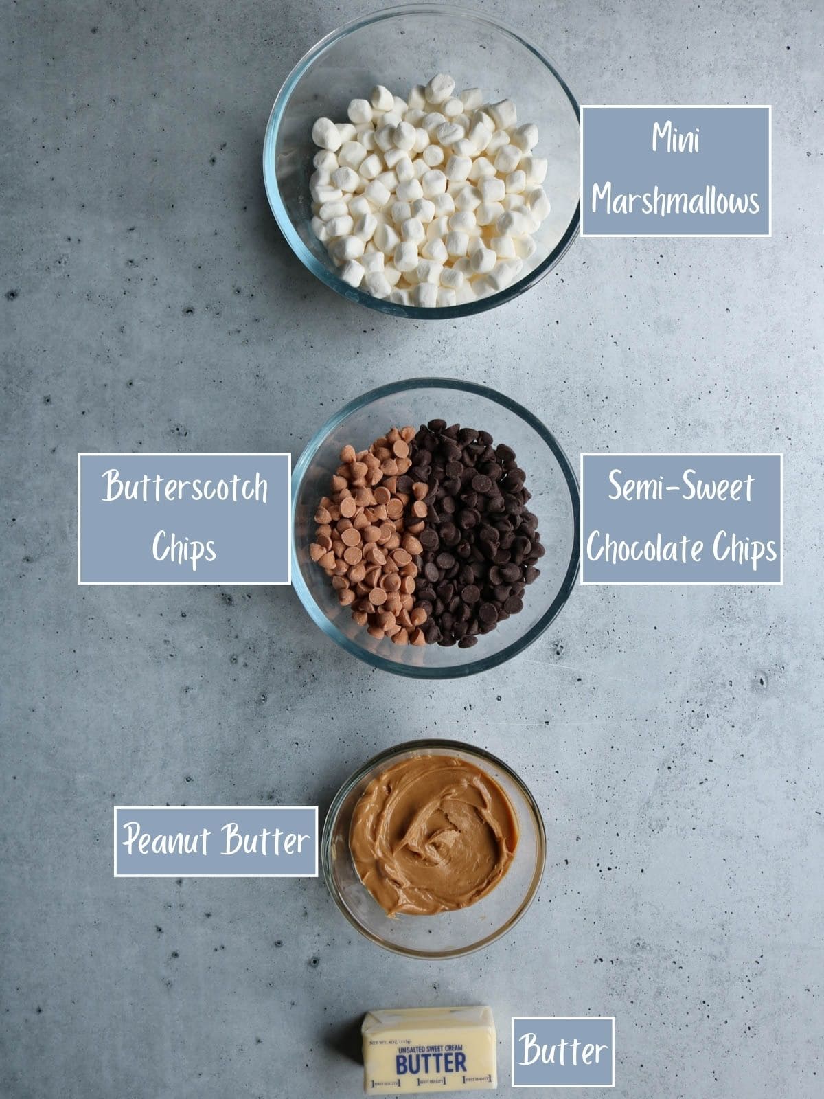 Labeled ingredients to make marshmallow chocolate peanut butter fudge.