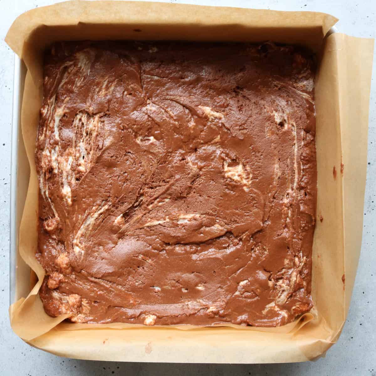 Overhead view of fudge in an 8x8 pan.