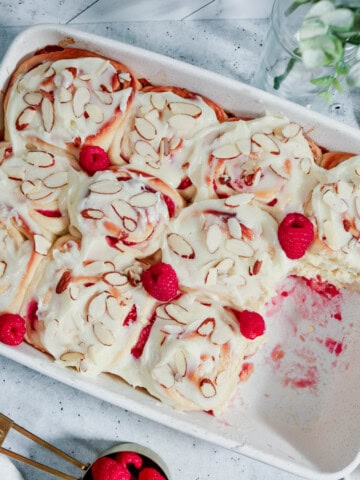 Overhead view of sweet rolls in a pan.