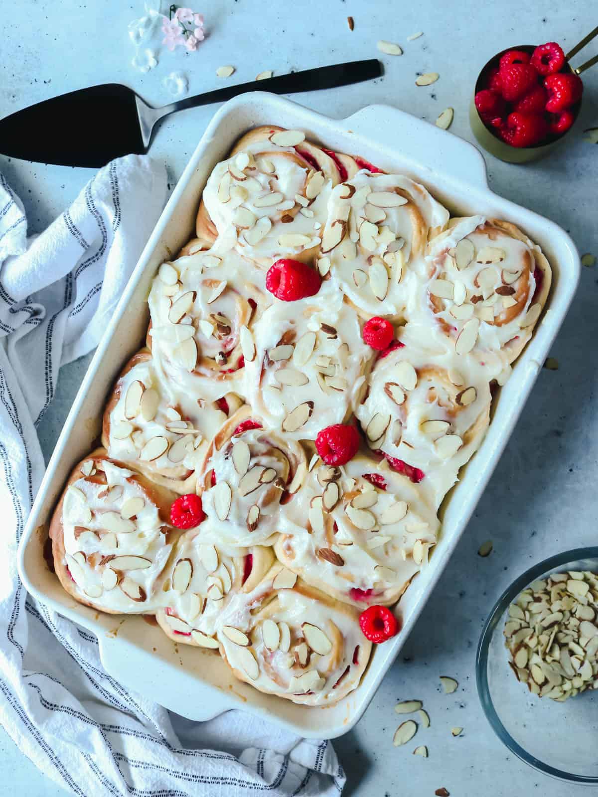 Overhead view of sweet rolls in a pan.