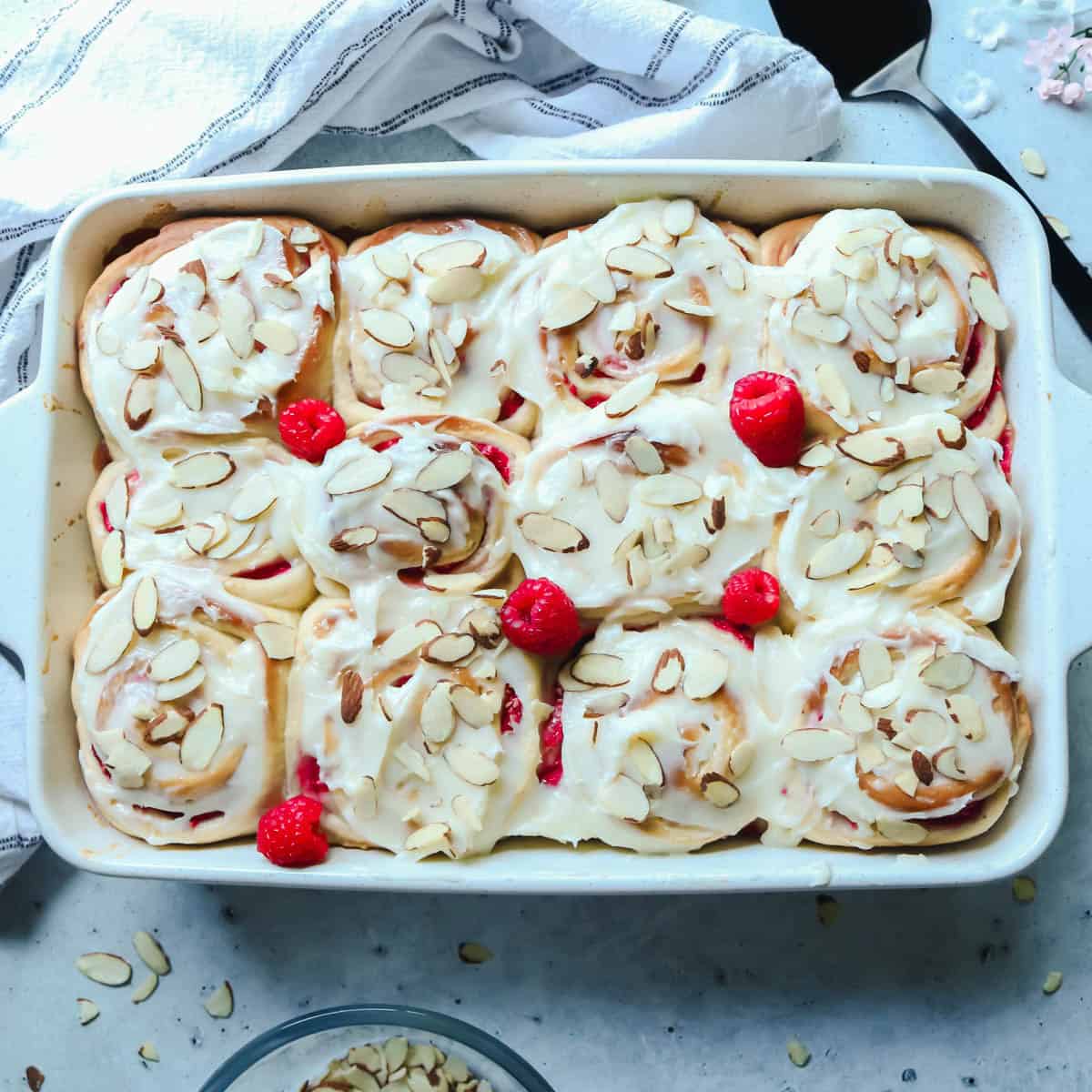 Overhead view of sweet rolls in a pan.