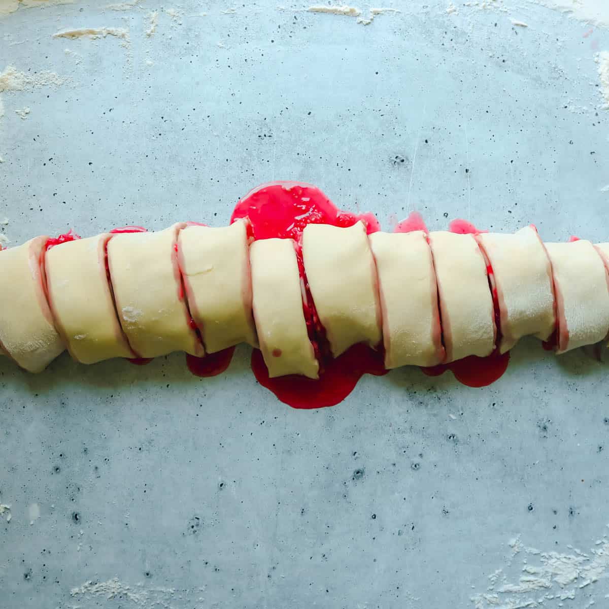 Sweet rolls in a log and cut into 12 pieces.