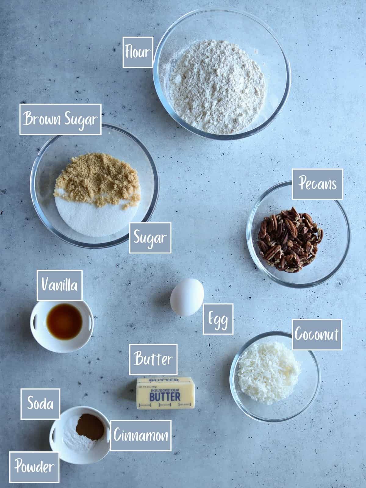 Labeled photo of ingredients used to make coconut pecan cookies.