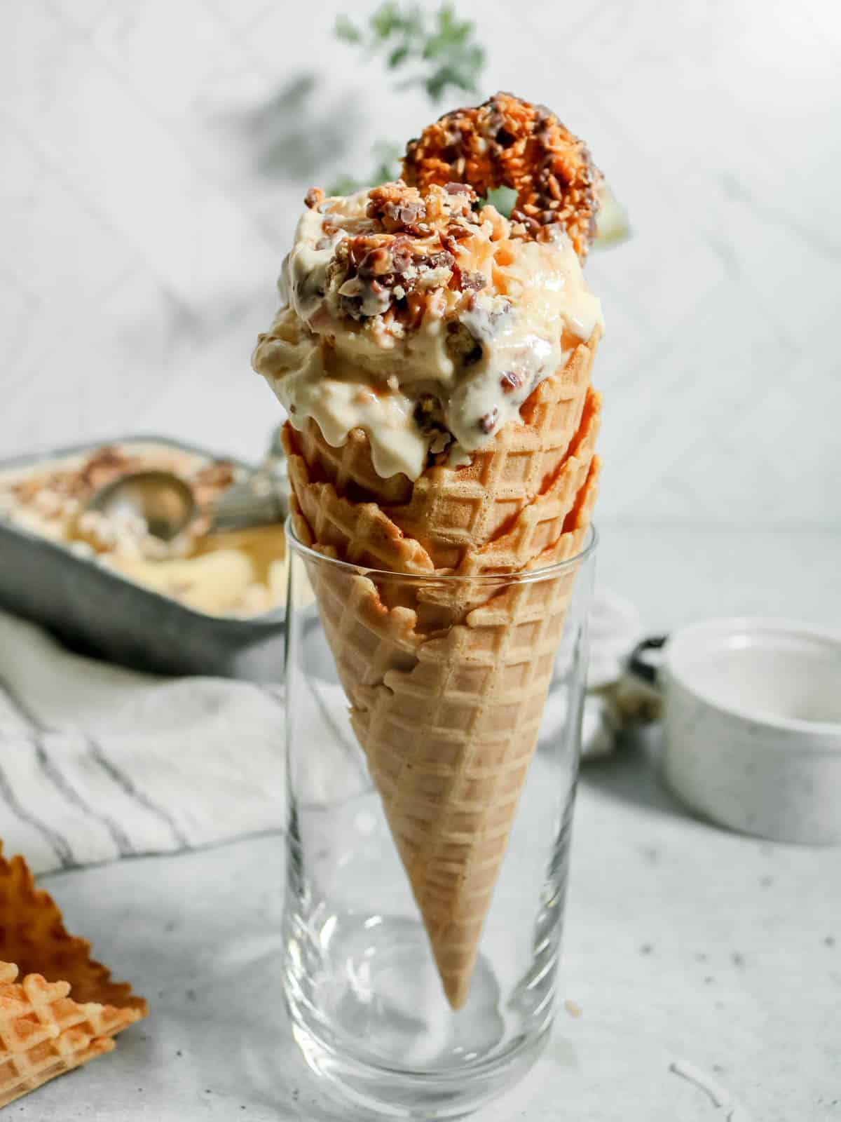 Samoa ice cream in an ice cream cone.