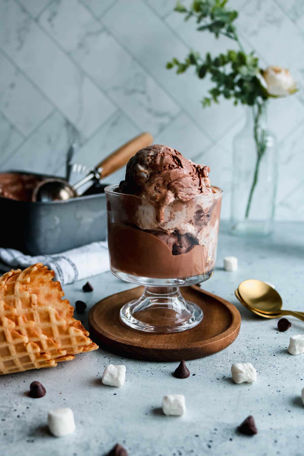 Chocolate marshmallow ice cream in an ice cream bowl.