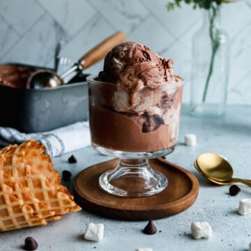 Chocolate marshmallow ice cream scoops in an ice cream bowl.