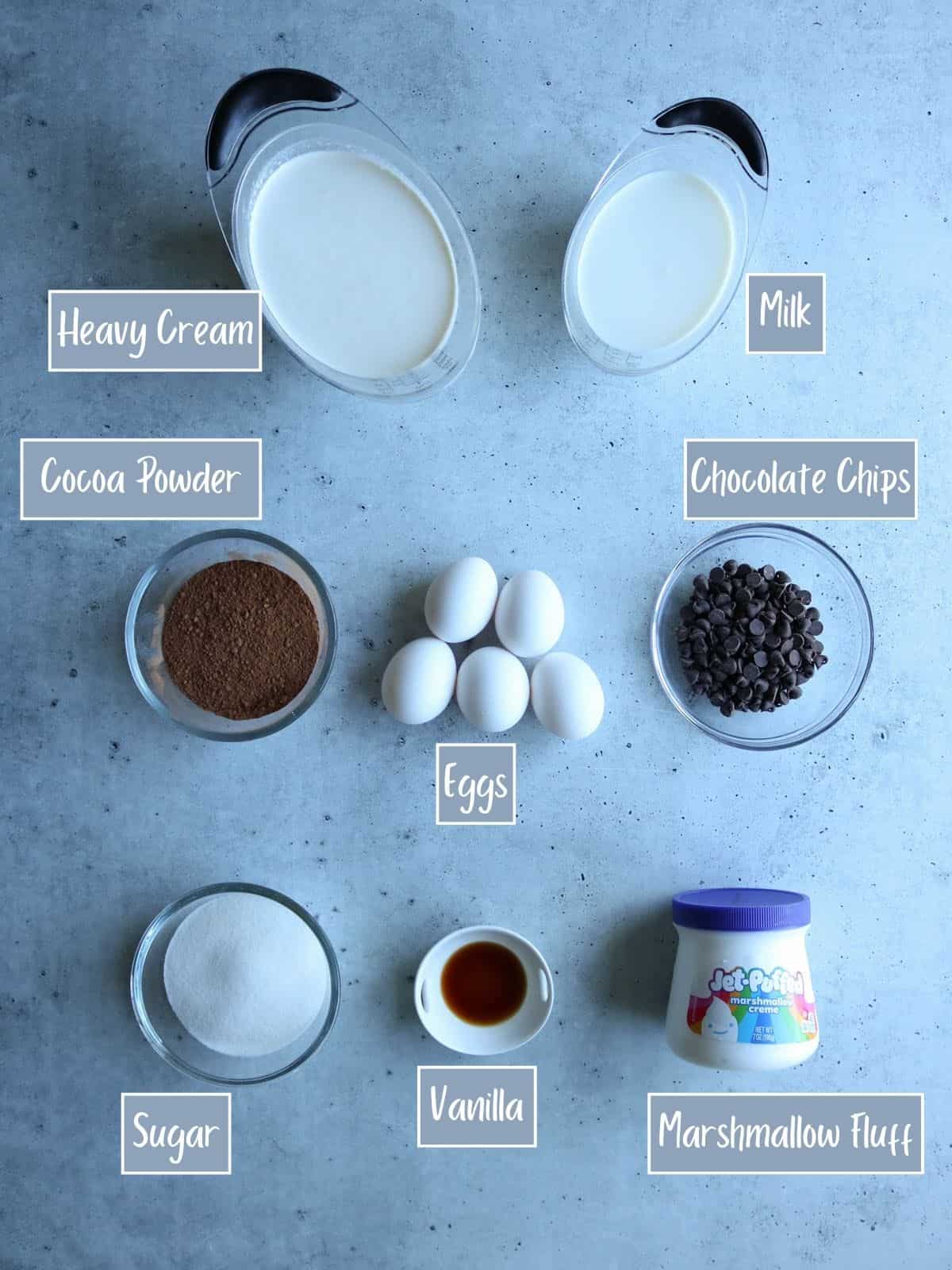 Ingredients with labels to make chocolate marshmallow ice cream.